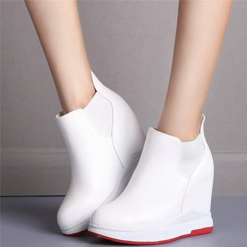 High Top Casual Shoes Women Cow Leather Wedges High Heel Motorcycle Boots Female Round Toe Fashion Sneakers Platform Pumps Shoes