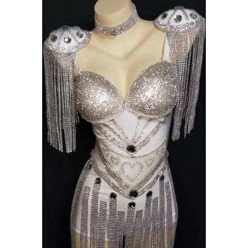 Women Heart Pattern Crytals Tassels Spaghetti Strap Pole Dance Costumes Sexy Nightclub Style Womens Skinny Performance Clothes