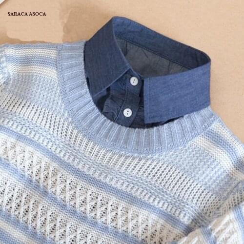 Women Sweater Jean Fake Collar All Match Striped Blue Shirt Detachable Collar Lady