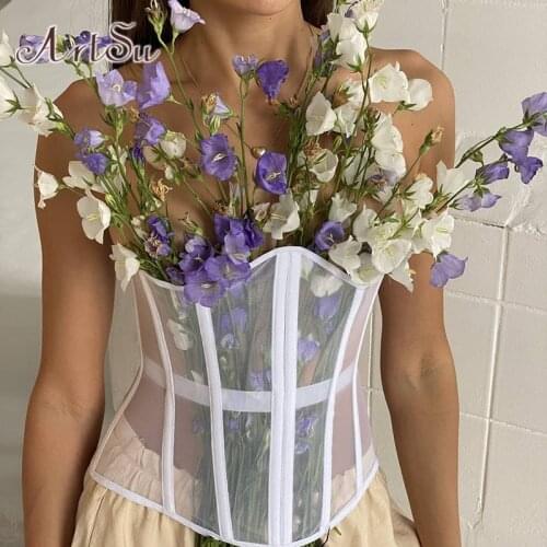 ArtSu Tube Mesh Bustier Cropped Top Corset Back Lace Up Club Party Tank Top For Woman See Thought Wrap Top Festival VE52495
