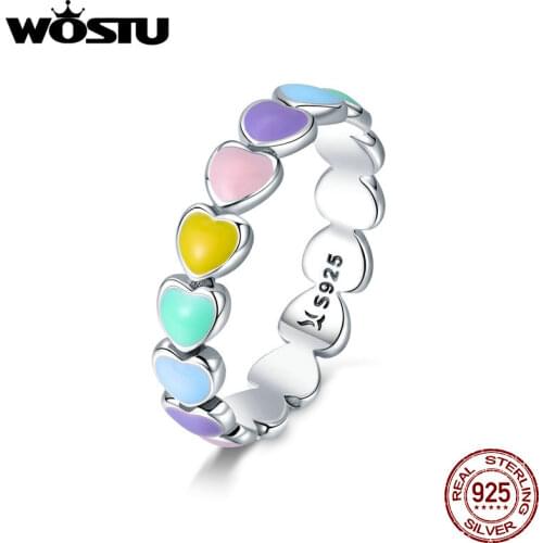 WOSTU Hot Sale 925 Sterling Silver Multi-Color Rainbow Heart Finger Rings For Women Fashion Anniversary Ring Jewelry Gift CQR444