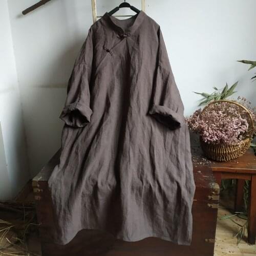 Women Spring Autumn Linen Retro Dress Ladies Solid Color Plus Size Robe Dress Female Vintage Flax Dresses 2021