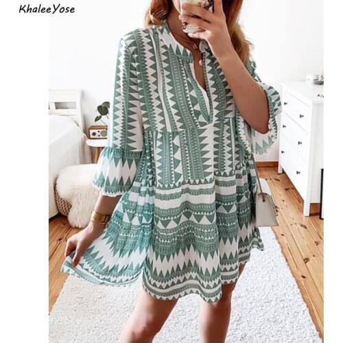 KHALEE YOSE floral printed Boho Mini Dress summer Women V-neck Sexy Holiday Dress Ruffles Casual Chic 23XL Plus Size Loose Dress
