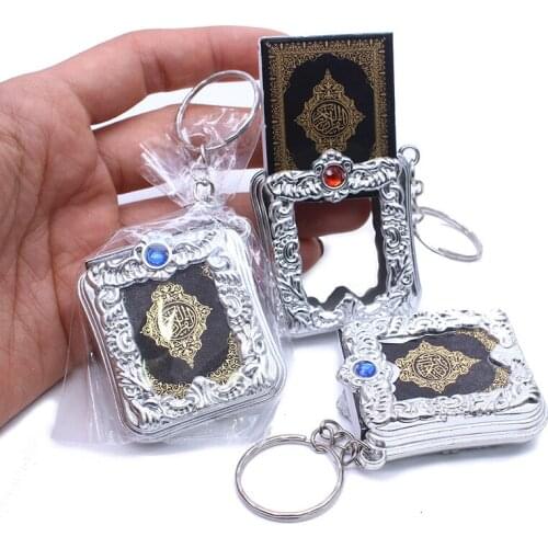 1Pc Muslim Islamic Silver Color Mini Pendant Keychains Religious Key Rings Small Real Paper Can Read Koran Ark Quran Book
