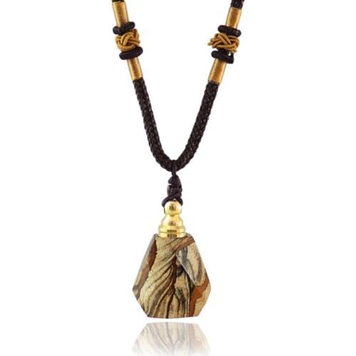 1PC Natural Picture Stone Perfume Bottle Pendant Necklace Gold Crystal Essential Oil Diffuser Vial Jewelry