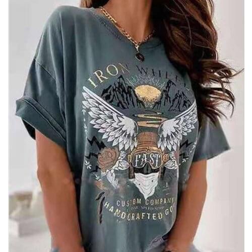 Retro Green Eagle Graphic Tee O-neck Short Sleeve Oversized T Shirts Women American Style Fashion New Summer 2021 Plus Size Tops