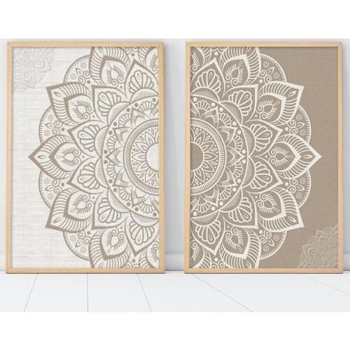 Brown Mandala Flower Pattern Wall Art Print Beige Bohemia Canvas Painting Poster Picture Yoga Living Room Home Interior Decor