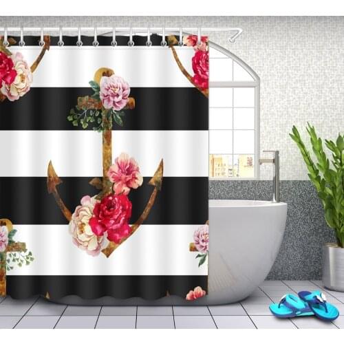 LB Beautiful Stripes Pink Red Roses Nice Watercolor Anchors Kids Shower Curtains Bathroom Curtain Fabric For Bathtub Home Decor