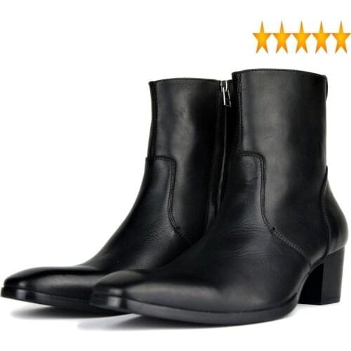 Size 46 Black Mid-Calf Plus Cowboy Men Fashion Side Zip Pointed Toe High Heels Genuine Leather Work Boots Man Footwear