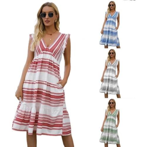 2021 New Bohemian Dress Stripe V Neck Sleeveless Ruffles Women Cupcake Dress Vacation Beachwear forr Summer Red/gray/green/blue