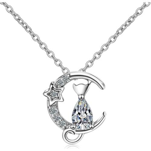 Cute Crystal Star Moon Cat Pendant Necklace For Women Jewelry Quality Silver 925 Sterling Necklace Female Choker Accessories Hot