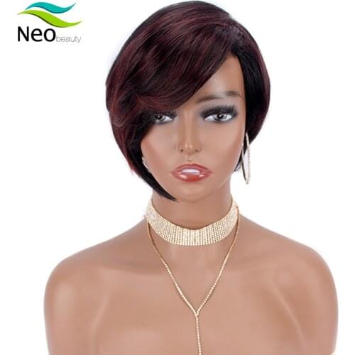 Short Human Hair Wigs Pixie Cut Straight Remy Brazilian Hair for Black Women Machine Made Highlight Color Cheap Glueless Wig