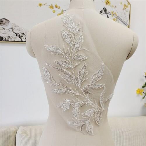 Luxury beaded sequin embroidery lace appliques for wedding dresses Rhinestone lace applique patches Embroidery lace parches ropa
