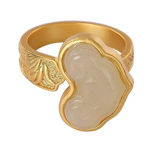 S925 sterling silver gold-plated natural Hetian jade ring retro national trend Ruyi womens opening ring bracelet