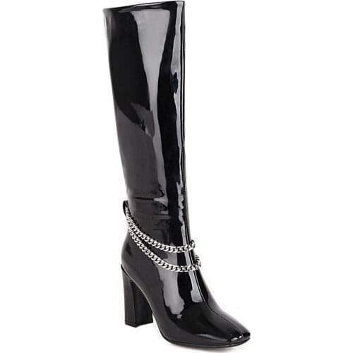 Oversized Metal Chain Super High Heel Patent Leather Knee-Length Boots Square Toe Thick Heel Shiny Leather Burgundy Warm Boots