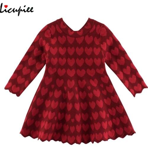 Knit Dress Loose Kids Knitted Sweater Skirt, Long Sleeve Round Neck Heart Printed One Piece Skirt Autumn 1-7 Years