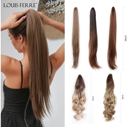 LOUIS FERRE 18/28inch Claw Clip On Ponytail Hair Extension for Women Long Wavy/Straight Brown Synthetic Pony Tail Hair Hairpiece