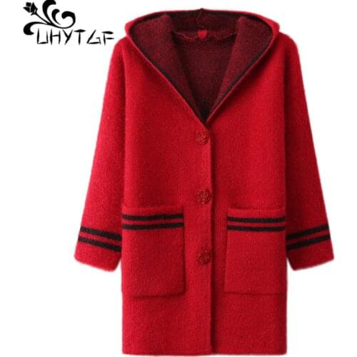 UHYTGF Hooded knitted autumn sweater womens single-breasted cardigan women slim sweater coat Thicken warm winter jacket 4XL 728