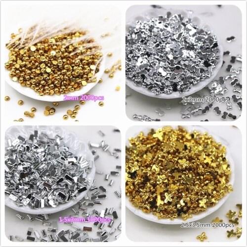 2000pcs Goden/Silver color Mini Round/rectangle/Butterfly/Bow Flower resin rhinestone Flat back Cabochon Art Supply