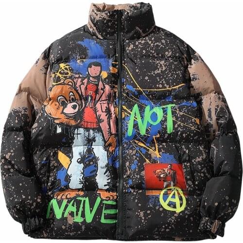 2020 Mens Hip Hop Jackets Parka Cartoon Graffiti Print Winter Jacket Casual Harajuku Warm Streetwear Fashion Mens Clothing