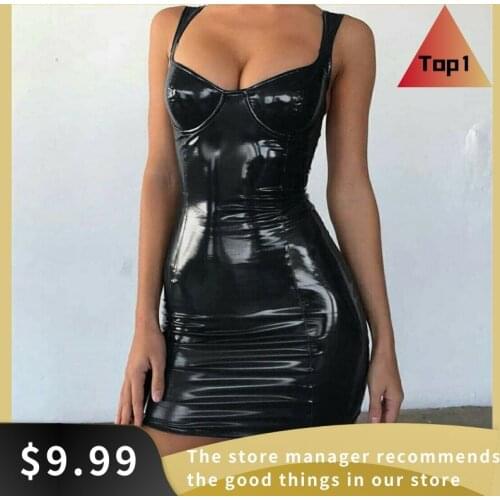2021 Sexy Backless Club Party Short Dress Solid Black Wet Look Latex Bodycon Faux Leather Push Up Bra Mini Micro Dress Leotard