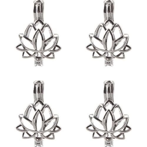 5pcs Silver color Lotus Flower Pearl Beads Cage Charms Locket Essential Oil Diffuser Jewelry Wholesale Copper OM OHM AUM Pendant