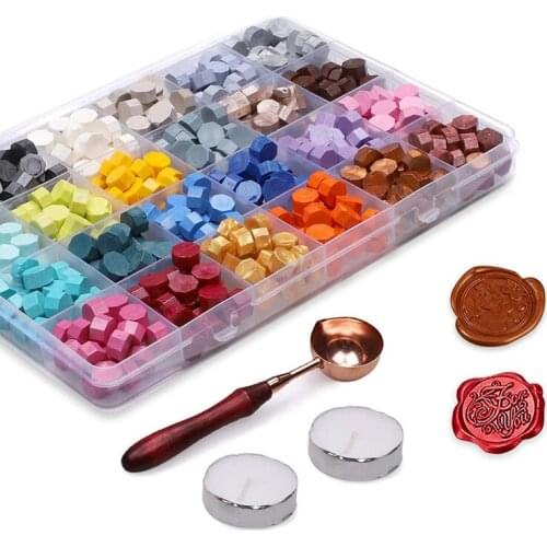 600Pcs Sealing Wax Beads Vintage Wax Seal Kit With 2 Pcs Tea Candles And Wax Spoon Creative Gift (24 Color)
