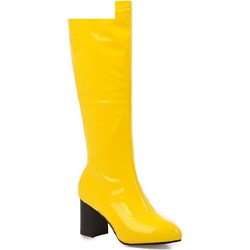 Brand 2021 Knee High Booties Patent PU Leather Shinny Block High Heels Female Stretch Boots Women Winter Boots Square Heel