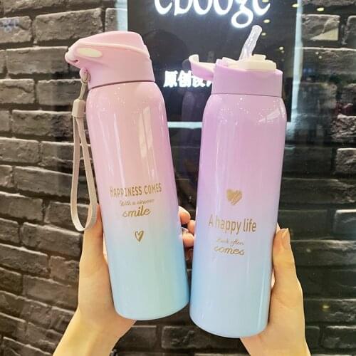 Childrens Thermos Mug Womens Cute Simple Water Cup with Straw Simple Student Adult Girl Cup