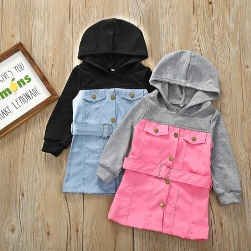 FCLHDWKK Girls dresses for kids spring autumn long sleeve hooded belt stitching baby girl Denim dress fashion children clothes