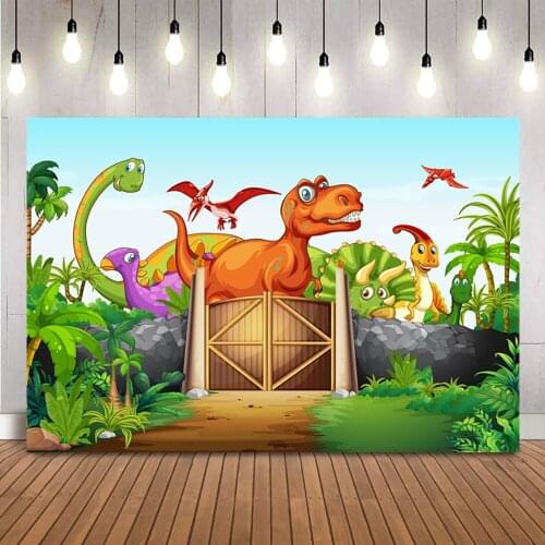 Dinosaur World Park Cartoon Birthday Background for Photo Studio Newborn Kids Safari Theme Photobooth Rainforest Photo Shoot
