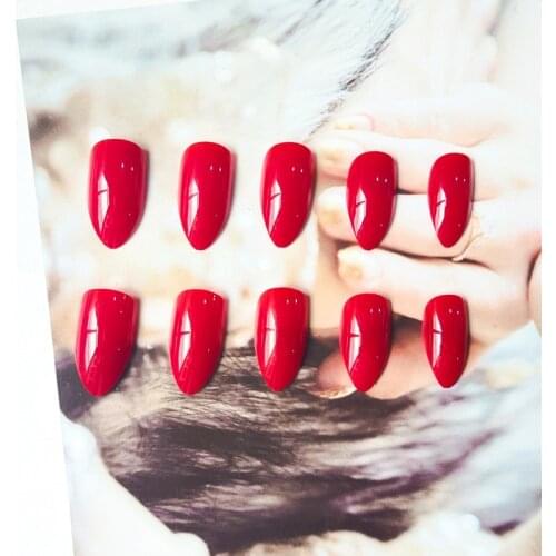 Long Almond Shape Stiletto Pointed Red Fake Nails Reusable Fashion Solid Color Ultra Thin Glossy False Nails with Glue Sticker