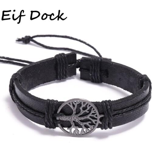 Eif Dock Metal Tree Of Life Charm Leather Rope Chain Bracelets for Women Male Length Adjustable Punk Jewelry Dropshipping