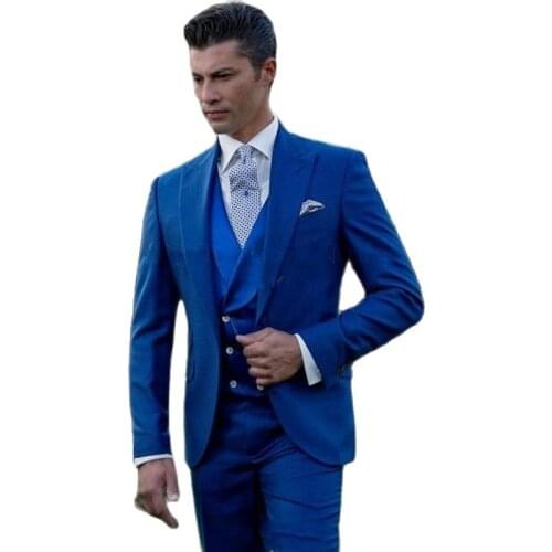 Royal Blue Mens Evening Dress Toast Suit Groom Tuxedos Prom Party Coat Waistcoat Trousers Sets (Jacket+Pants+Vest+Tie) NO:096
