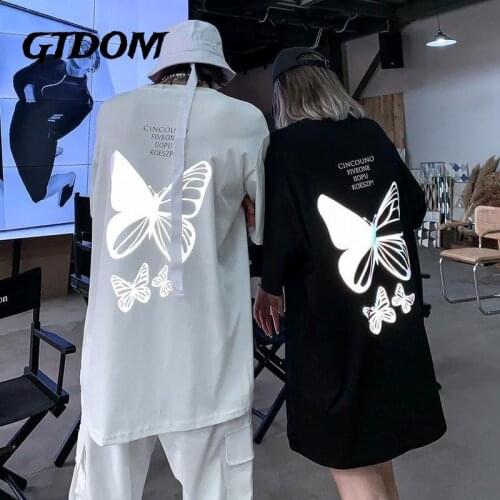 GTDOM 2021 New Summer Cotton Couple T-Shirts Fashion Casual Butterfly Reflective Printing Half Sleeve O-Neck Oversize T-shirt