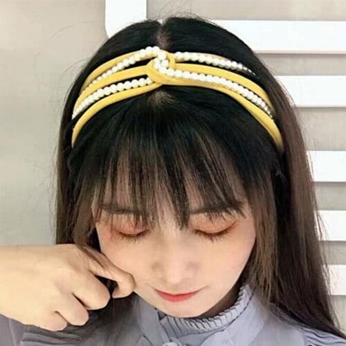 Korean Fashion Hollow Solid Color Hair Band Ladies Pearl Knotted Hair Bundle Headdress Ins Girls Wild Headband Hair Accessories
