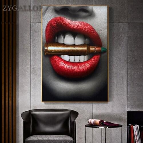 Sexy Red Lips Posters Modern Wall Art Canvas Painting Red Lips Bite Bullet Wall Picture Pub Bar Living Room Decoration Paintings