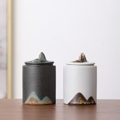 Hand Painted Small Tea Cans Japanese Style Simple Black Pottery Non Woven Sealed Storage Canister Teaset Accessories