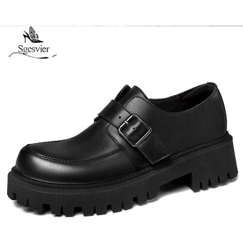 Sgesvier Plus size 34-43 New Genuine Leather Shoes Buckle Punk Platform Shoes Round Toe Spring Autumn Ladies Office Dress Shoes
