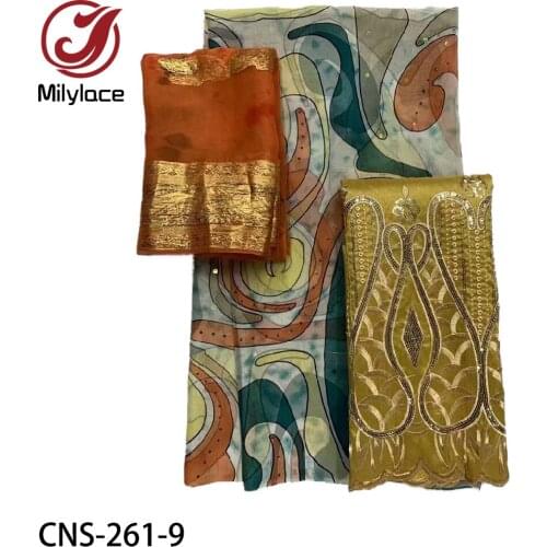 Confortable Silk Digital Printed Lace Fabric with Stones Light Mesh Set 2 Yards Scarf+3.65 Yards Clothes+2yards Dress CNS-261