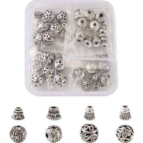 20 Sets Alloy Guru Tibetan Style 3-Hole Round T-Drilled Prayer Beads Antique Silver Color Floral Design for Buddhist Bracelet