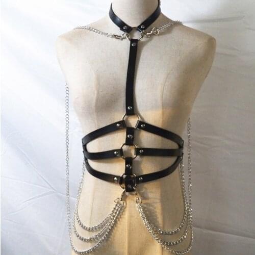 Leather Harness Belt Lingerie Body Bondage Cage Garter Belt Suspender Body Harness For Women Chain Belt Bra Cage Punk Goth Tops