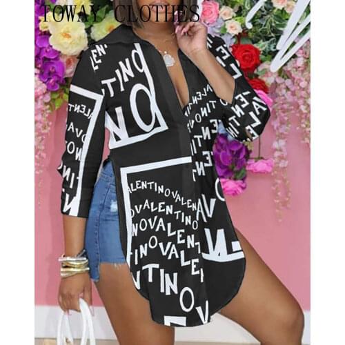 Women Turn-down Collar Letter Print High Slit Shirt Three Quarter Length Top
