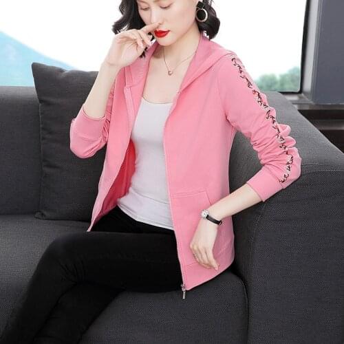 Women Zipper Hooded External Wear Outwear Coat 2021 Spring Autumn New Fashion Cotton Embroidered Long-Sleeved Loose Jacket Woman