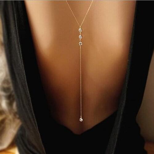 Women Long Necklace Body Sexy Chain Bare Back Gold crystal Rhinestone Pendant Chain Necklace Backdrop Beach Body Jewelry