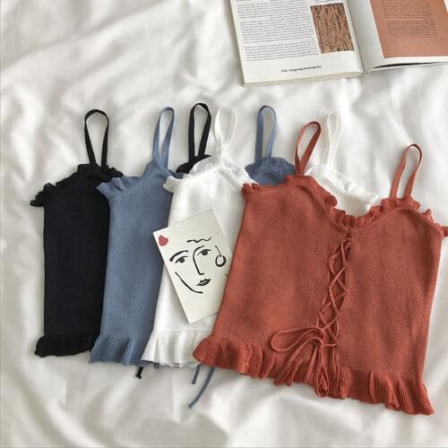 2021 New Fashion Women Summer Sleeveless Solid Drawstring Short Crop Top Casual Ruffles Camisole Vest Tank