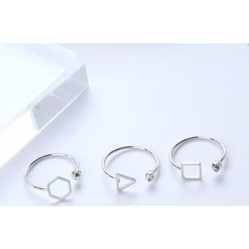Korean Silver Color Opening Crystal Engagement Ring Women Jewelry Simple Geometry Triangle Square Rhinestones Party Rings Gift