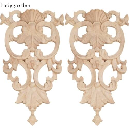 2PCS Retro Rose Floral Statue Wood Carved Decal Corner Applique Decorate Frame Wall Doors Furniture Decorative Wooden Sculptures