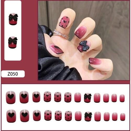24pcs Red 3D Bow Love Heart Detachable Short Ballerina False Nails With Design Wearable Fake Nails Fully Covered Nail Decor