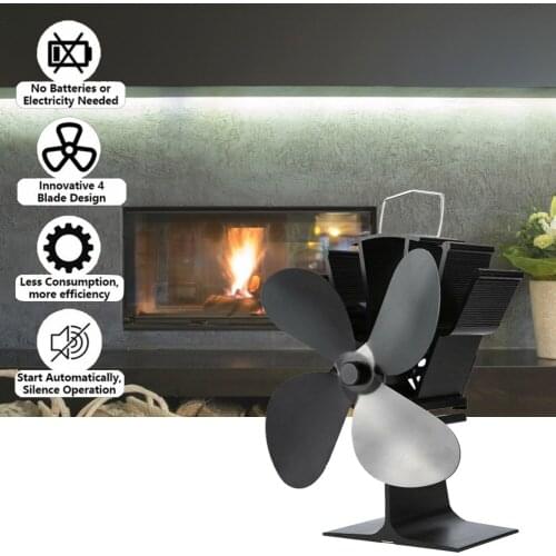 4 Blade Black Fireplace fan Heat Powered Stove Fan Log Wood Burner Eco Fan Quiet Home Fireplace Fan Efficient Heat Distribution